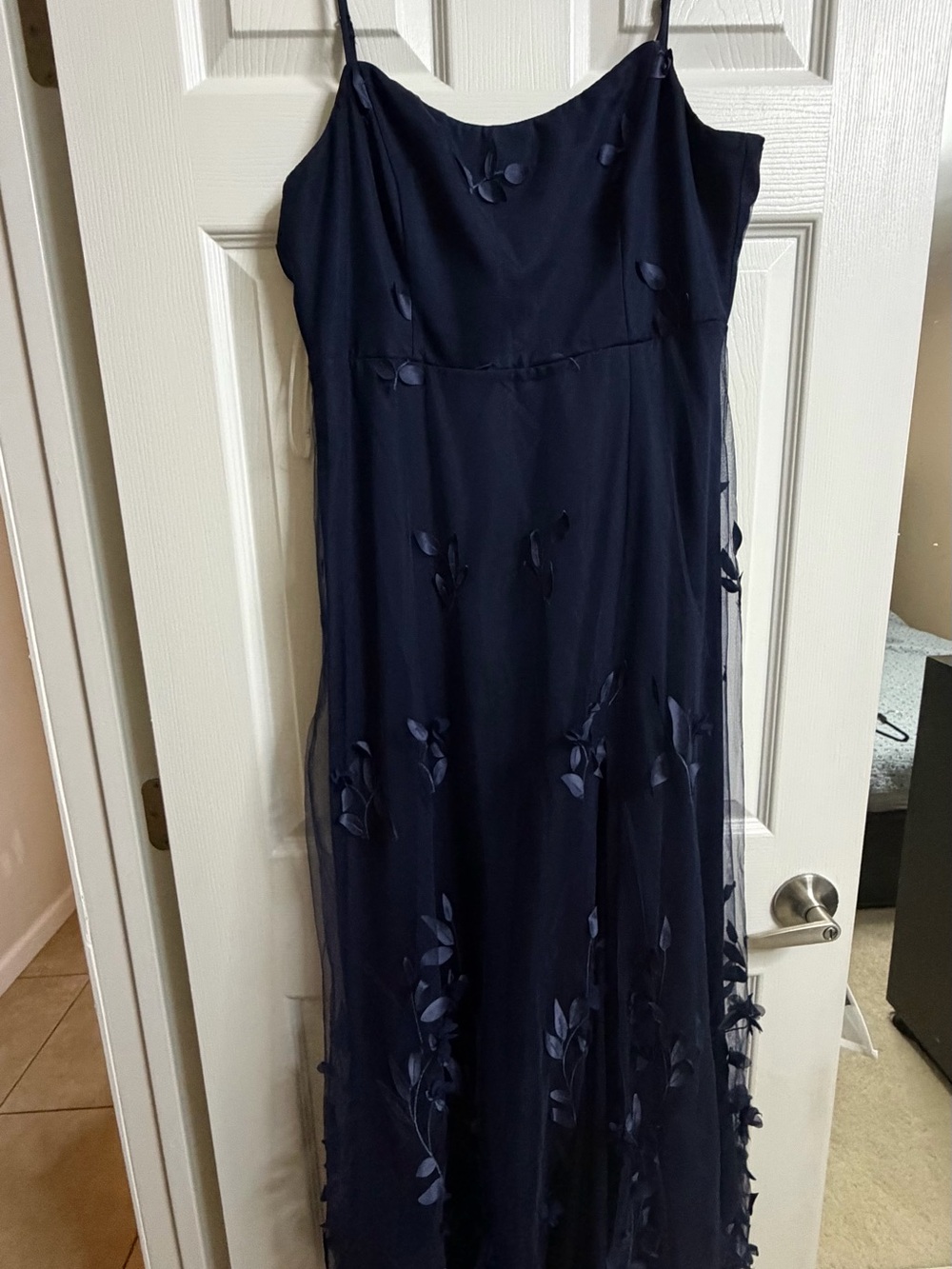 Lulus Elegant Navy Blue Slip Dress with Floral Appliqué